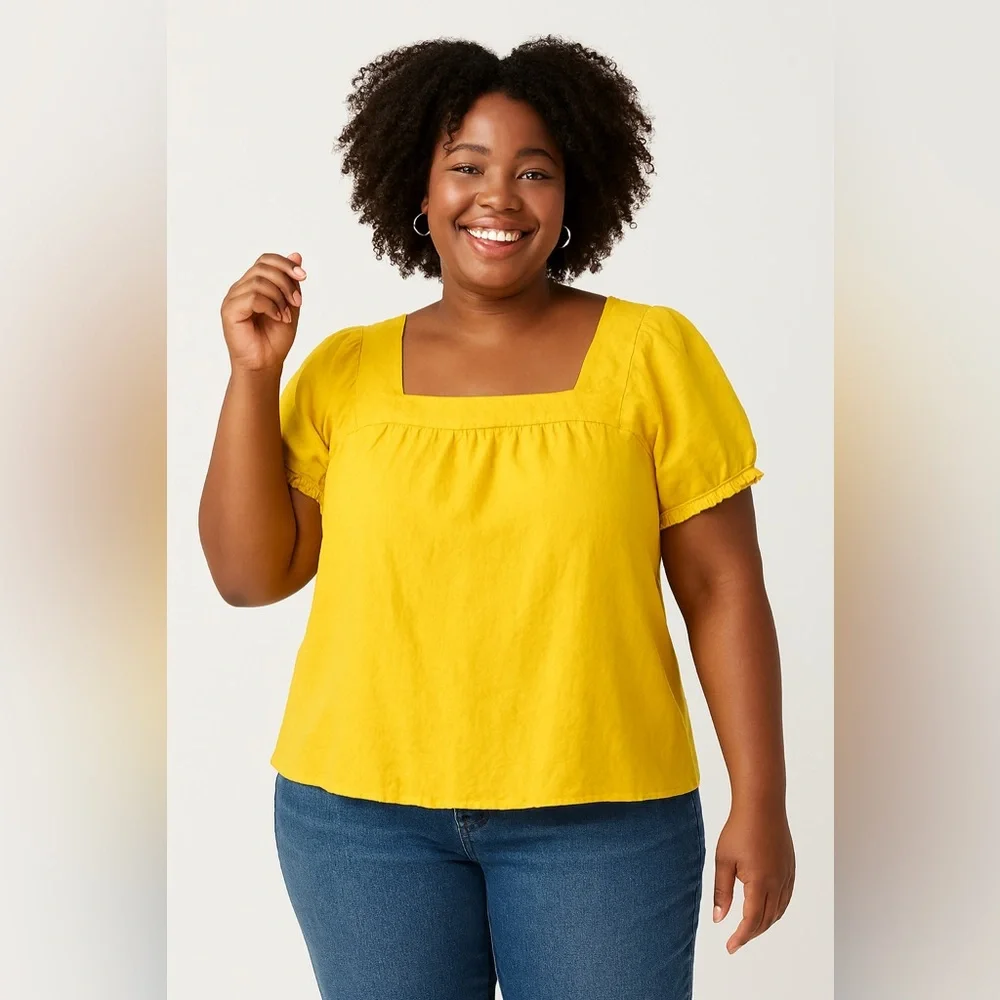 Boden Mustard Yellow 100% Linen Puff Sleeve Square Neck Blouse